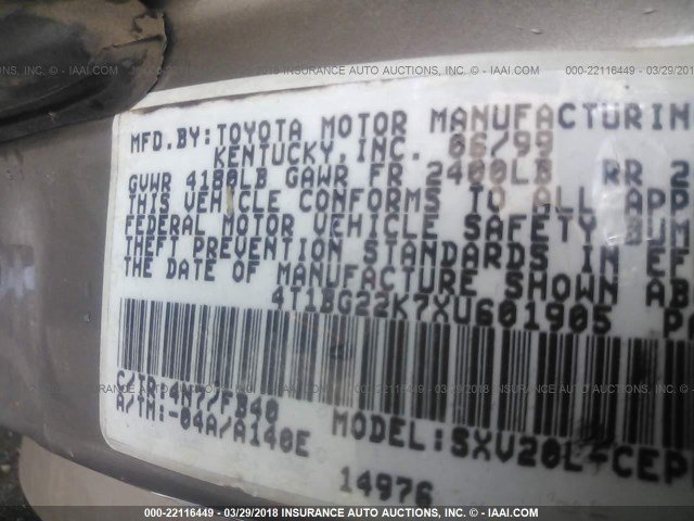 4T1BG22K7XU601905 - 1999 TOYOTA CAMRY CE/LE/XLE 灰色 照片 9