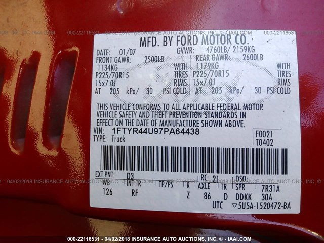 1FTYR44U97PA64438 - 2007 FORD RANGER SUPER CAB RED photo 9