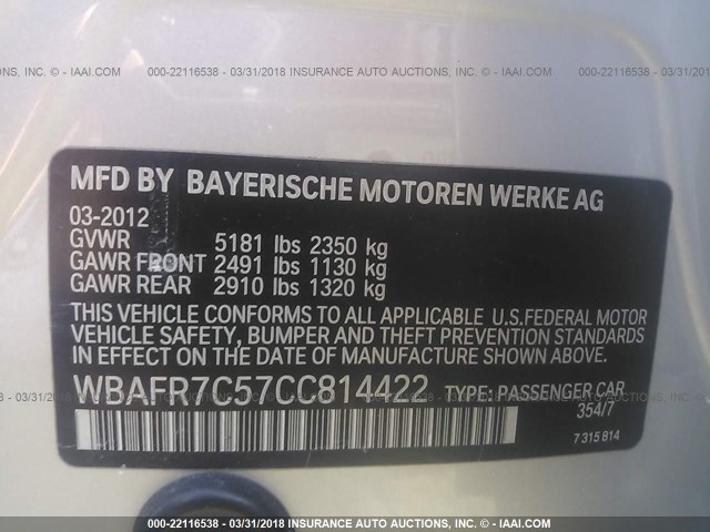 WBAFR7C57CC814422 - 2012 BMW 535 I SILVER photo 9