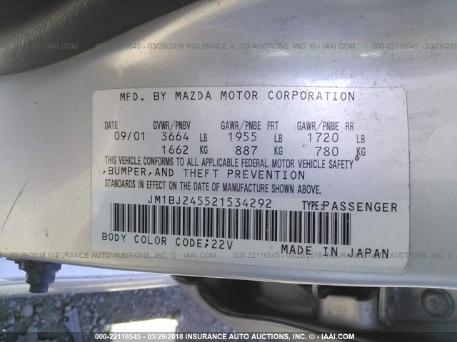 JM1BJ245521534292 - 2002 MAZDA PROTEGE PR5 银色 照片 9