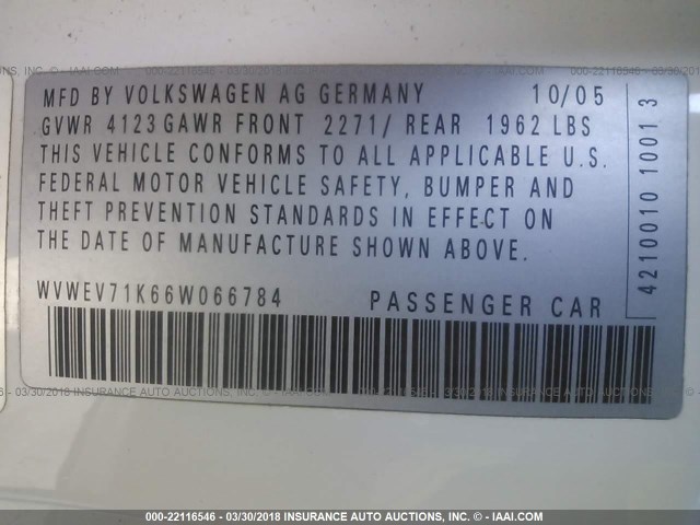 WVWEV71K66W066784 - 2006 VOLKSWAGEN NEW GTI WHITE photo 9