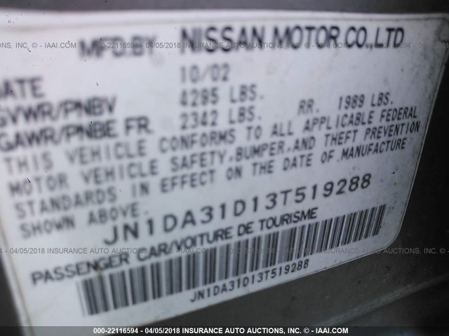 JN1DA31D13T519288 - 2003 NISSAN MAXIMA GLE/GXE/SE Pewter photo 9