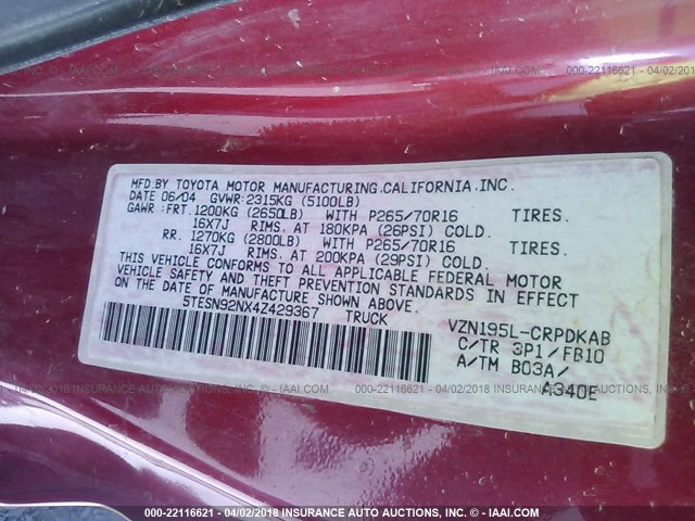 5TESN92NX4Z429367 - 2004 TOYOTA TACOMA XTRACAB PRERUNNER 红色 照片 9