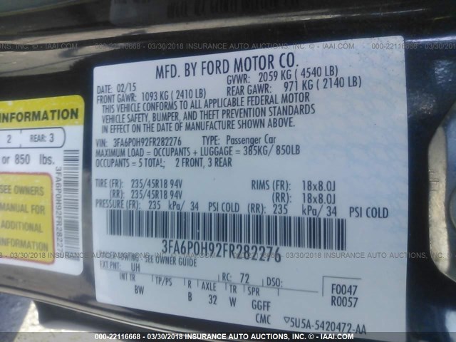 3FA6P0H92FR282276 - 2015 FORD FUSION SE BLACK photo 9