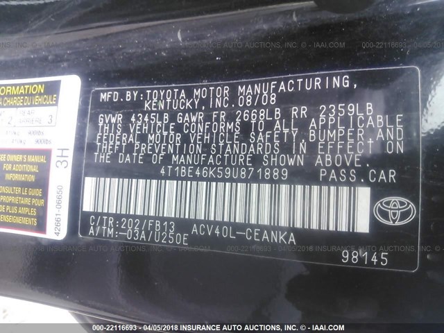 4T1BE46K59U871889 - 2009 TOYOTA CAMRY SE/LE/XLE 黑色 照片 9