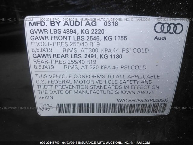 WA1EFCFS4GR020203 - 2016 AUDI Q3 PREMIUM PLUS BLACK photo 9