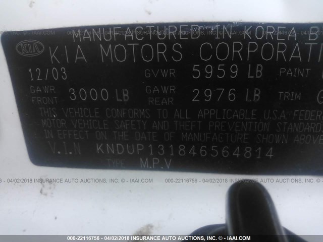 KNDUP131846564814 - 2004 KIA SEDONA EX/LX WHITE photo 9