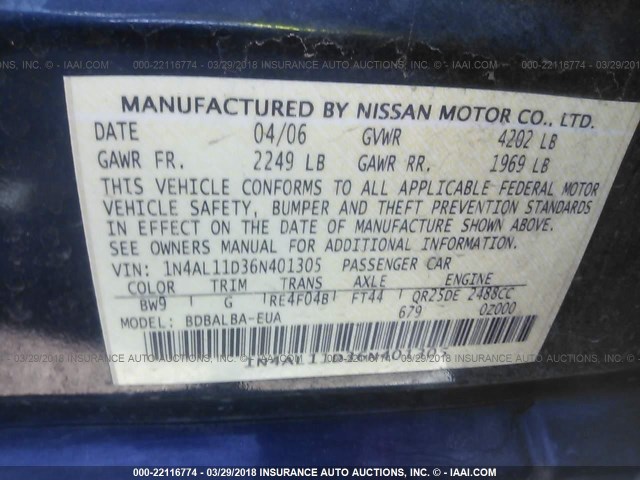 1N4AL11D36N401305 - 2006 NISSAN ALTIMA S/SL BLUE photo 9