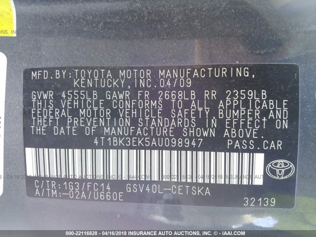 4T1BK3EK5AU098947 - 2010 TOYOTA CAMRY SE/LE/XLE GRAY photo 9