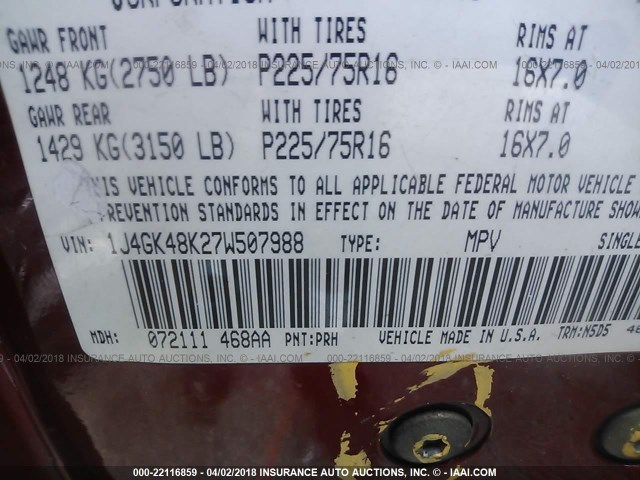 1J4GK48K27W507988 - 2007 JEEP LIBERTY SPORT 红色 照片 9