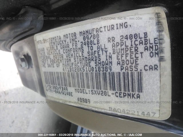 4T1BG28K51U018389 - 2001 TOYOTA CAMRY CE/LE/XLE 黑色 照片 9