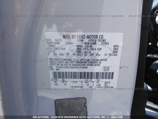 1FMCU0EG2AKC73000 - 2010 FORD ESCAPE LIMITED WHITE photo 9