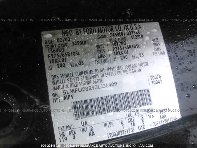 5LMFU28R93LJ36409 - 2003 LINCOLN NAVIGATOR 黑色 照片 9