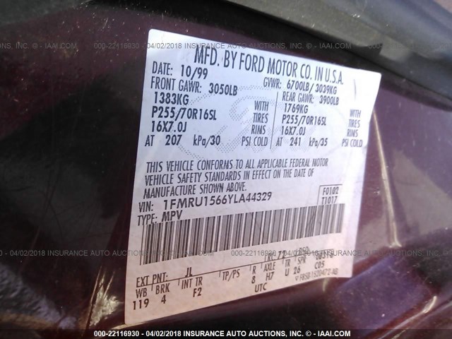 1FMRU1566YLA44329 - 2000 FORD EXPEDITION XLT ბურგუნდია ფოტო 9