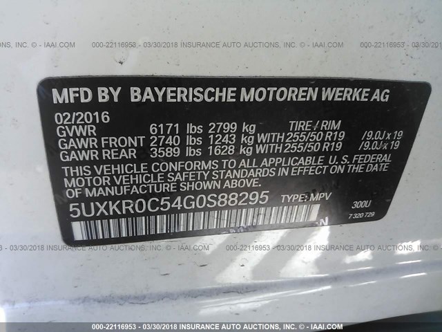 5UXKR0C54G0S88295 - 2016 BMW X5 XDRIVE35I WHITE photo 9