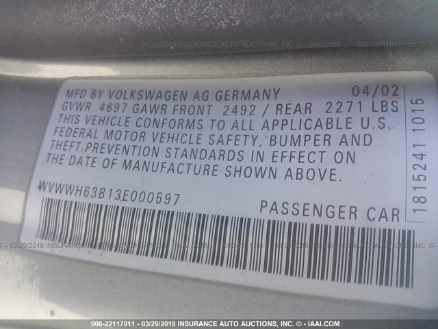 WVWWH63B13E000597 - 2003 VOLKSWAGEN PASSAT GLX 银色 照片 9