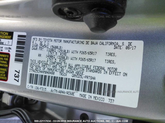 3TMAZ5CN4HM048480 - 2017 TOYOTA TACOMA DBL CAB/SR5/TRD SPORT/OR GRAY photo 9