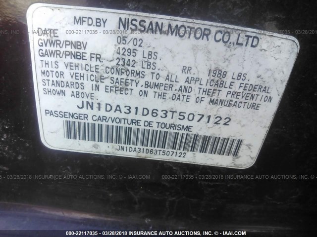 JN1DA31D63T507122 - 2003 NISSAN MAXIMA GLE/GXE/SE MAROON photo 9