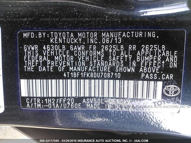 4T1BF1FK8DU708710 - 2013 TOYOTA CAMRY L/SE/LE/XLE 深蓝色 照片 9