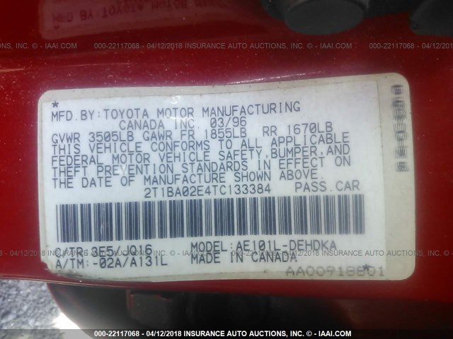 2T1BA02E4TC133384 - 1996 TOYOTA COROLLA RED photo 9