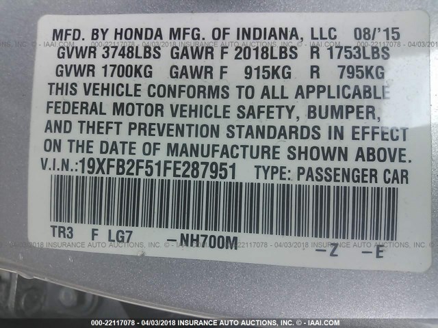 19XFB2F51FE287951 - 2015 HONDA CIVIC LX SILVER photo 9