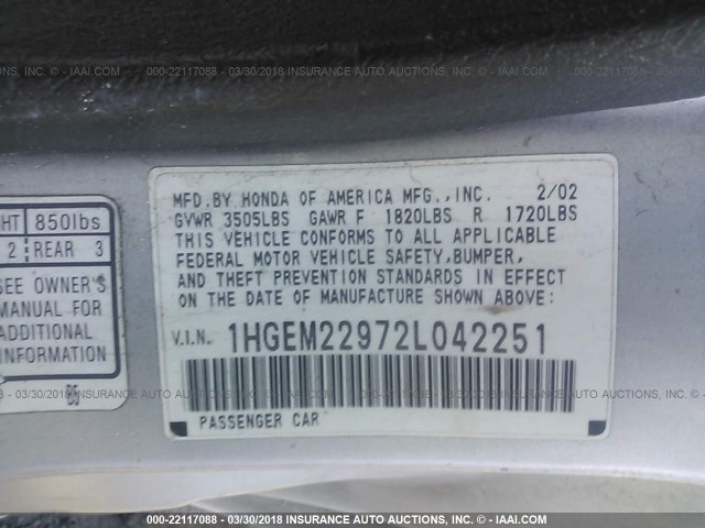 1HGEM22972L042251 - 2002 HONDA CIVIC EX თეთრი ფოტო 9