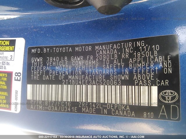 2T1BU4EE3AC520063 - 2010 TOYOTA COROLLA S/LE/XLE BLUE photo 9