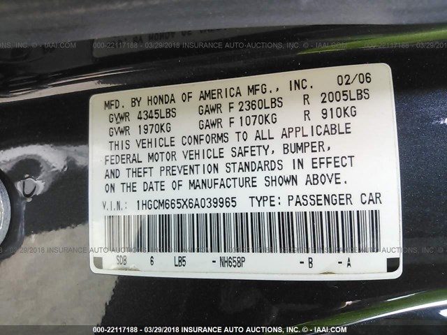 1HGCM665X6A039965 - 2006 HONDA ACCORD EX GRAY photo 9