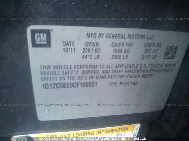 1G1ZC5E00CF188601 - 2012 CHEVROLET MALIBU 1LT 黑色 照片 9