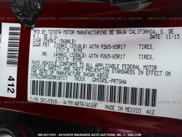 3TMCZ5AN3GM010717 - 2016 TOYOTA TACOMA DBL CAB/SR/SR5/TRD SPT/OR RED photo 9