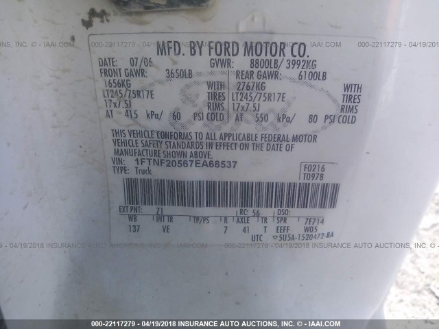 1FTNF20567EA68537 - 2007 FORD F250 SUPER DUTY WHITE photo 9