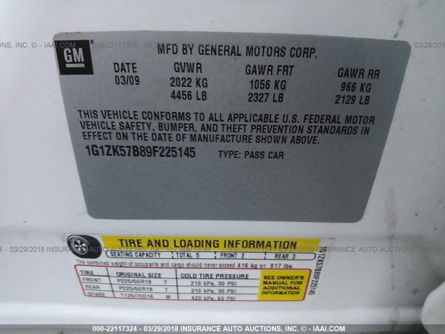 1G1ZK57B89F225145 - 2009 CHEVROLET MALIBU LTZ 白色 照片 9