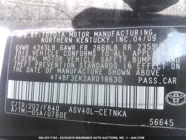 4T4BF3EK2AR018630 - 2010 TOYOTA CAMRY SE/LE/XLE BLACK photo 9