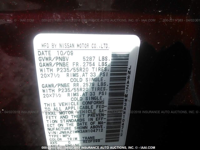 JN8AZ1MW3AW104712 - 2010 NISSAN MURANO S/SL/LE MAROON photo 9