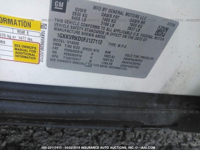 1GKKVRKD0FJ127112 - 2015 GMC ACADIA SLT-1 Biały zdjęcie 9