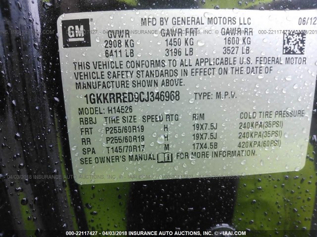 1GKKRRED9CJ346968 - 2012 GMC ACADIA SLT-1 Czarny zdjęcie 9