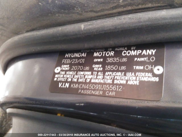 KMHDN45D91U155612 - 2001 HYUNDAI ELANTRA GLS/GT BLUE photo 9