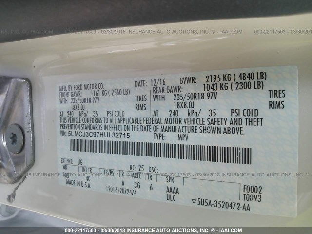 5LMCJ3C97HUL32715 - 2017 LINCOLN MKC RESERVE Ağ foto 9