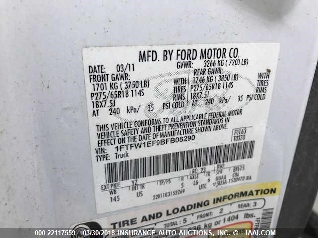 1FTFW1EF9BFB08290 - 2011 FORD F150 SUPERCREW WHITE photo 9