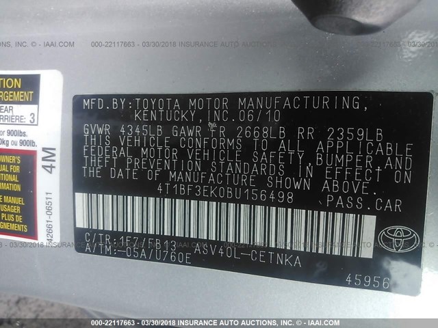 4T1BF3EK0BU156498 - 2011 TOYOTA CAMRY SE/LE/XLE SILVER photo 9
