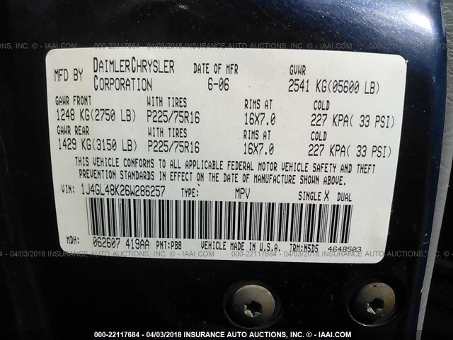 1J4GL48K26W286257 - 2006 JEEP LIBERTY SPORT 蓝色 照片 9