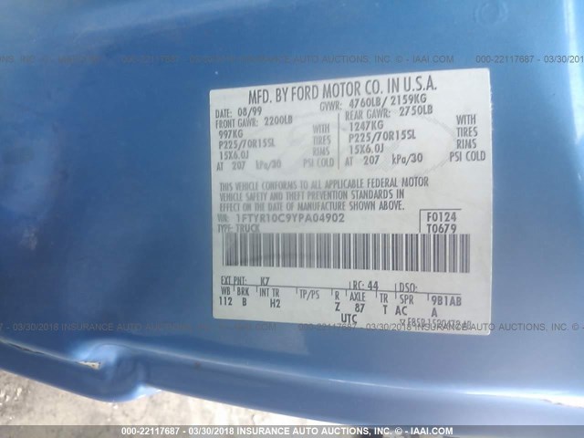 1FTYR10C9YPA04902 - 2000 FORD RANGER BLUE photo 9