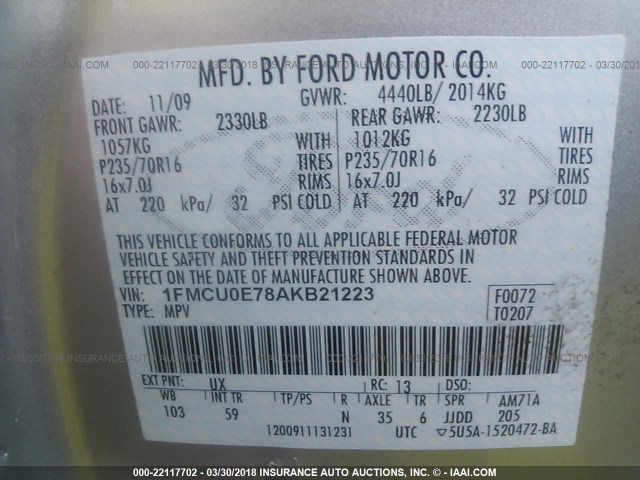 1FMCU0E78AKB21223 - 2010 FORD ESCAPE LIMITED SILVER photo 9