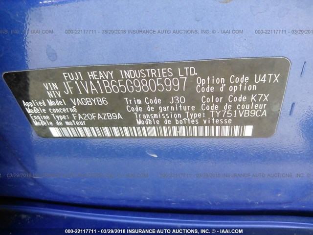 JF1VA1B65G9805997 - 2016 SUBARU WRX BLUE photo 9