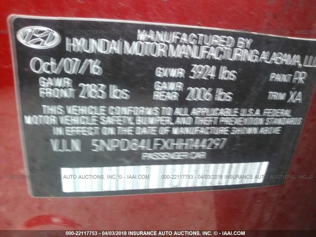 5NPD84LFXHH144297 - 2017 HYUNDAI ELANTRA SE/VALUE/LIMITED RED photo 9