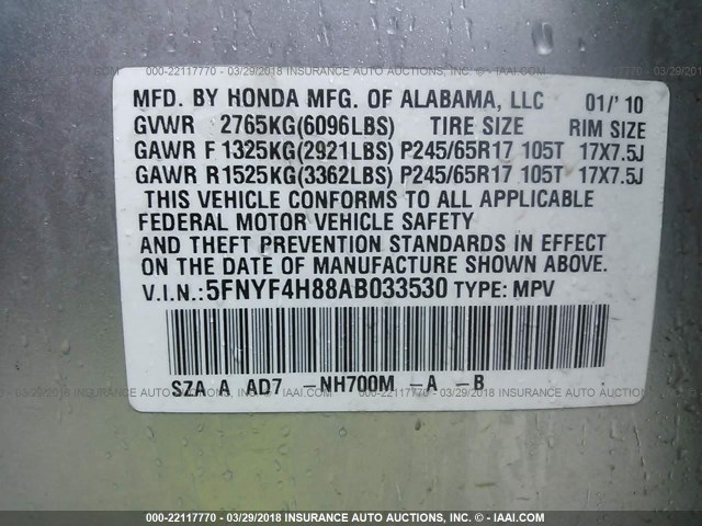 5FNYF4H88AB033530 - 2010 HONDA PILOT TOURING SILVER photo 9