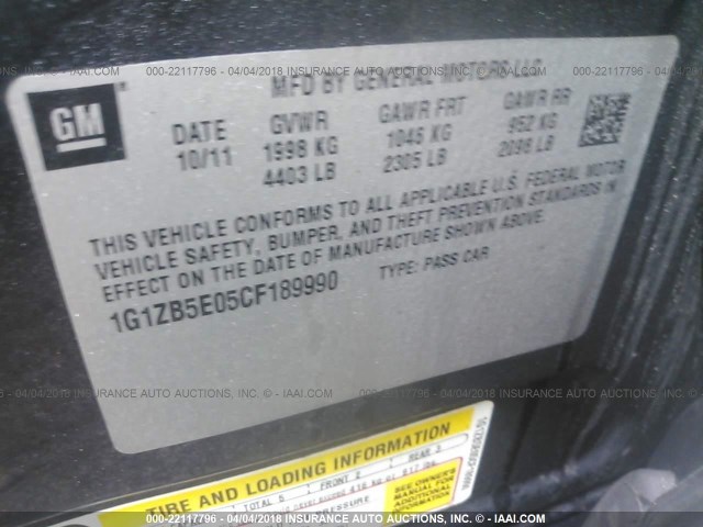 1G1ZB5E05CF189990 - 2012 CHEVROLET MALIBU LS 黑色 照片 9