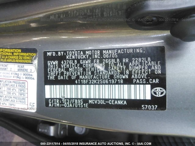 4T1BF32K25U619718 - 2005 TOYOTA CAMRY LE/XLE/SE GRAY photo 9