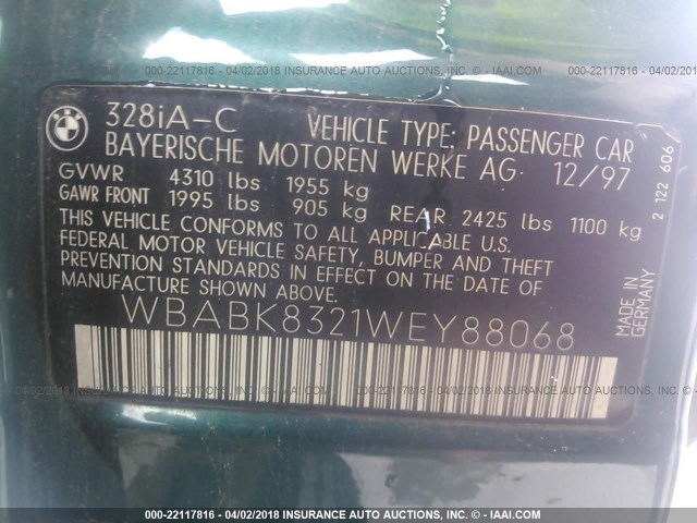 WBABK8321WEY88068 - 1998 BMW 328 IC AUTOMATIC GREEN photo 9