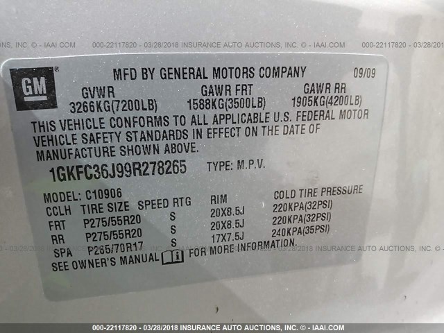 1GKFC36J99R278265 - 2009 GMC YUKON XL C1500 SLT GRAY photo 9